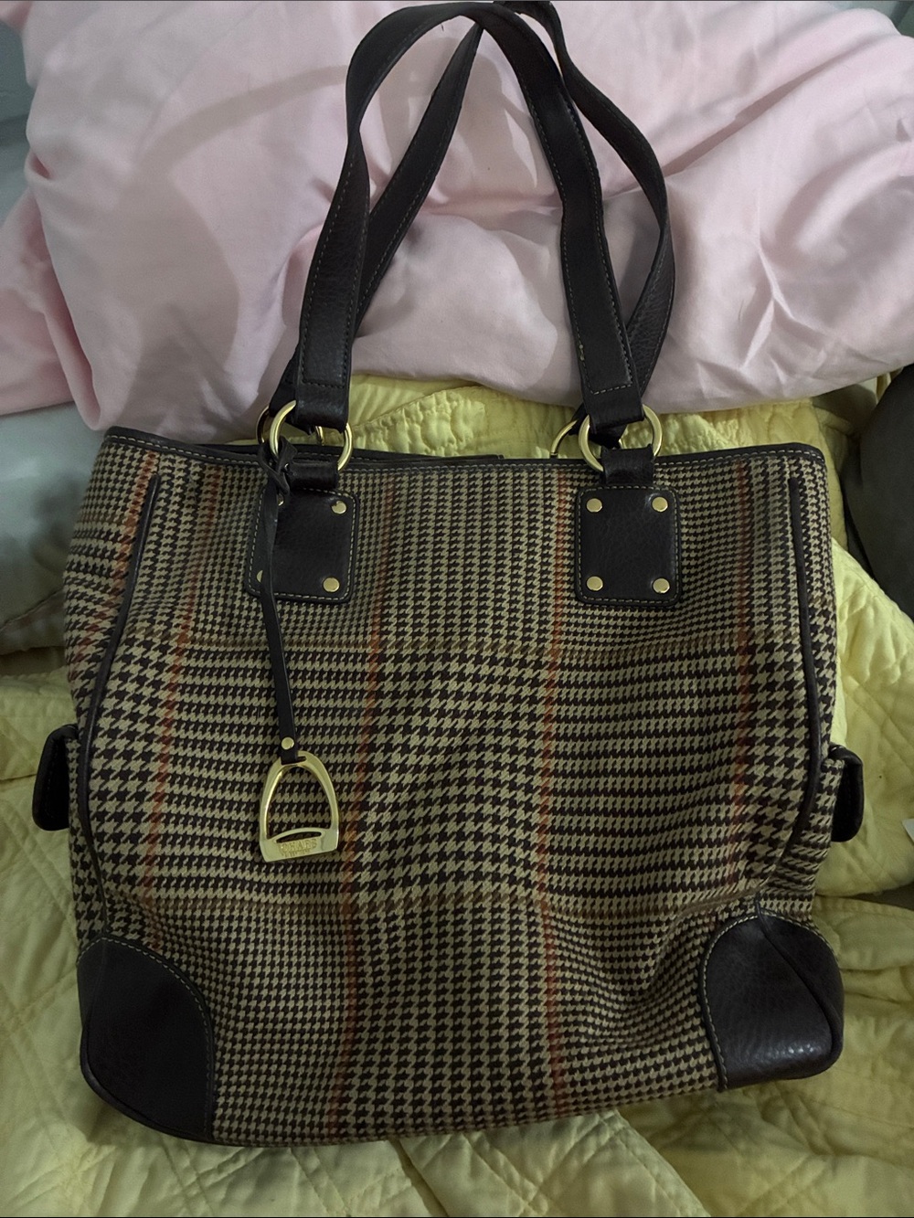 Chaps Brown Plaid Tote with Dark Brown Trim and Gold Accents